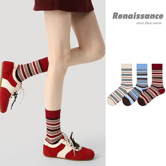 Mid Calf Striped Combed Cotton Socks For Daily Wear